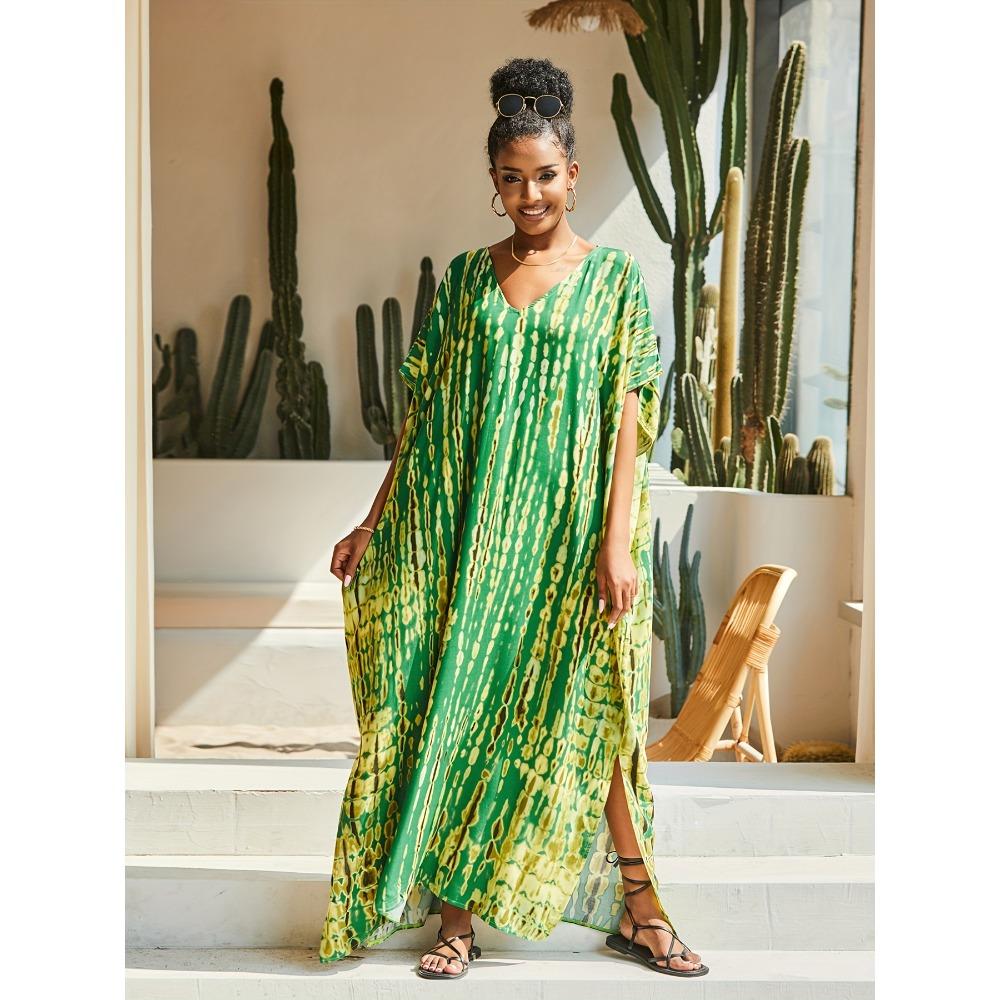 Plus Size Boho Cover Up, Women's Plus Tie Dye Striped V Neck Bat Sleeve Split Beach Cover Up Dress