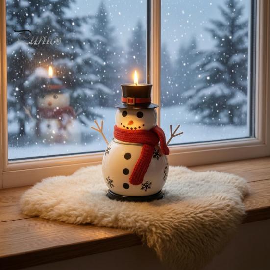 Table Fireplace Entrance Decor Christmas Snowman Candle Holder, Decorative Metal Candlestick Ornament with Top Seasonal Holiday Display Hat And Scarf