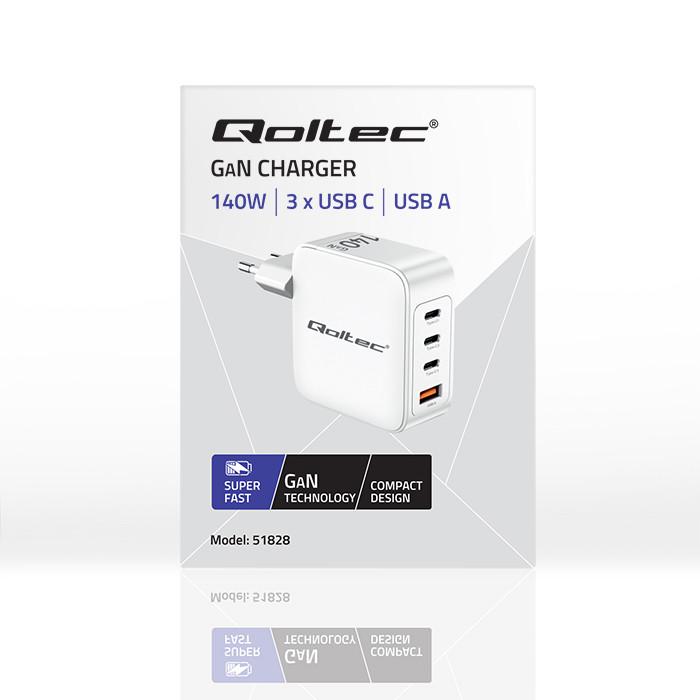 Qoltec 45W GaN Wall Charger | 5-20V | 1.5-3A | 1 x USB-C PD | 1 x USB QC 3.0 | White