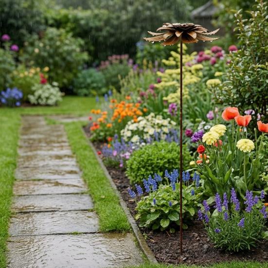 Vintage Iron Flower Plugin, Rustic Garden Decor with Realistic 3D Layered Petals, Weather-Resistant Metal Plant Stakes, for Yard, Lawn & Pots