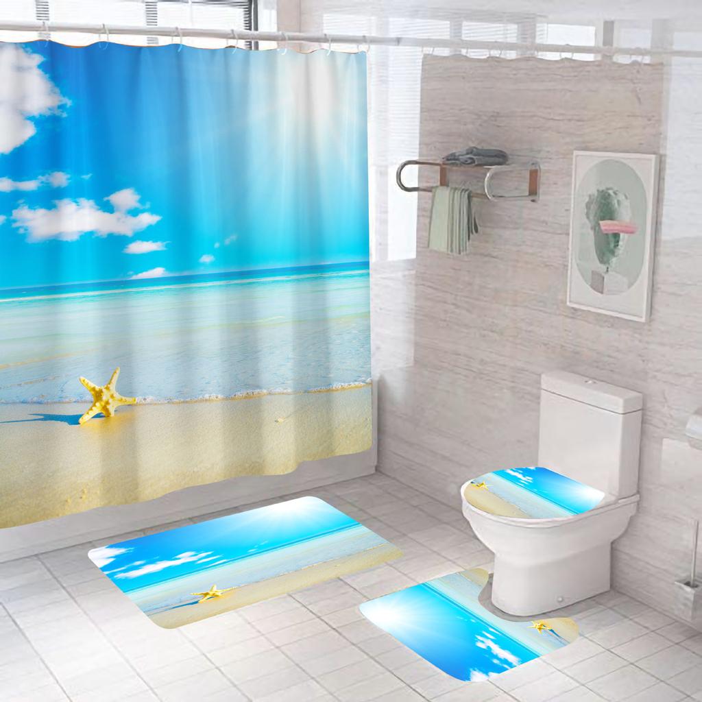 Bathroom Shower Curtain Four-piece Digital Printing Beach Shell Waterproof Shower Curtain Shower Curtain Partition Curtain Bath Mat
