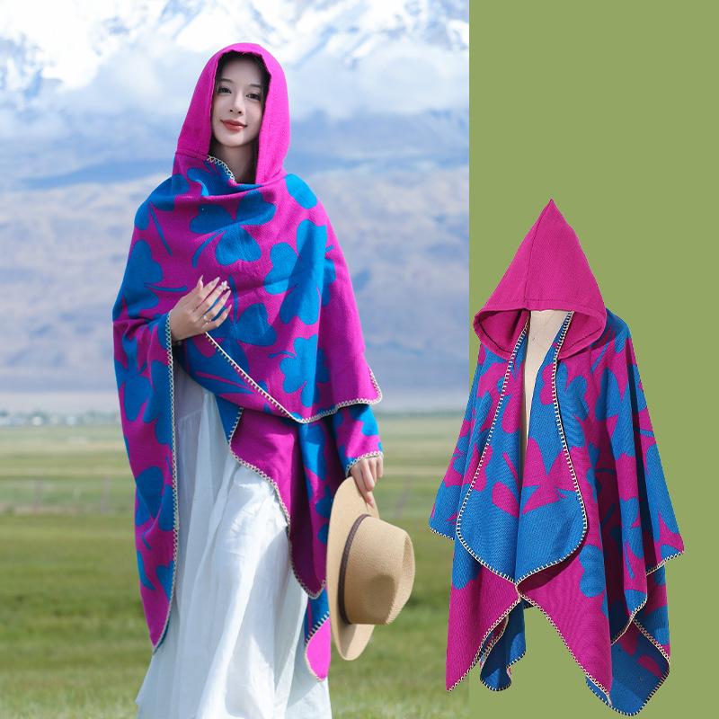 Ethnic style clover color matching cape scarf shawl desert Xinjiang Xizang travel wear warm cape outside 135*150