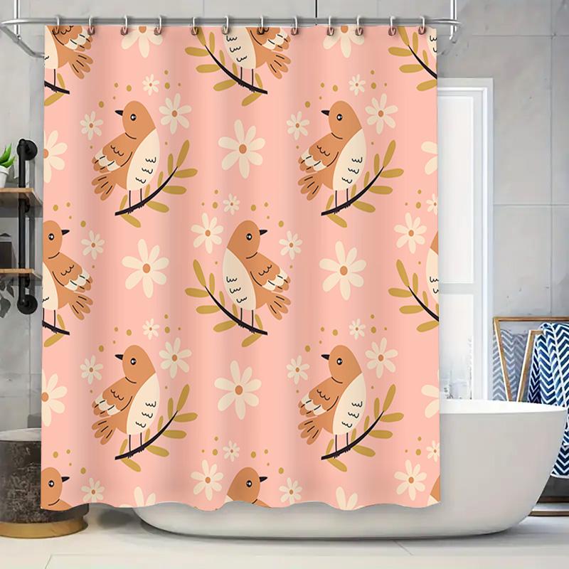 

Spring Garden Bathing Room Decor Shower Curtain With Bird Floral Print Home Decoration Waterproof Fabric Pink Color W60H190(CM)-1 Pcs