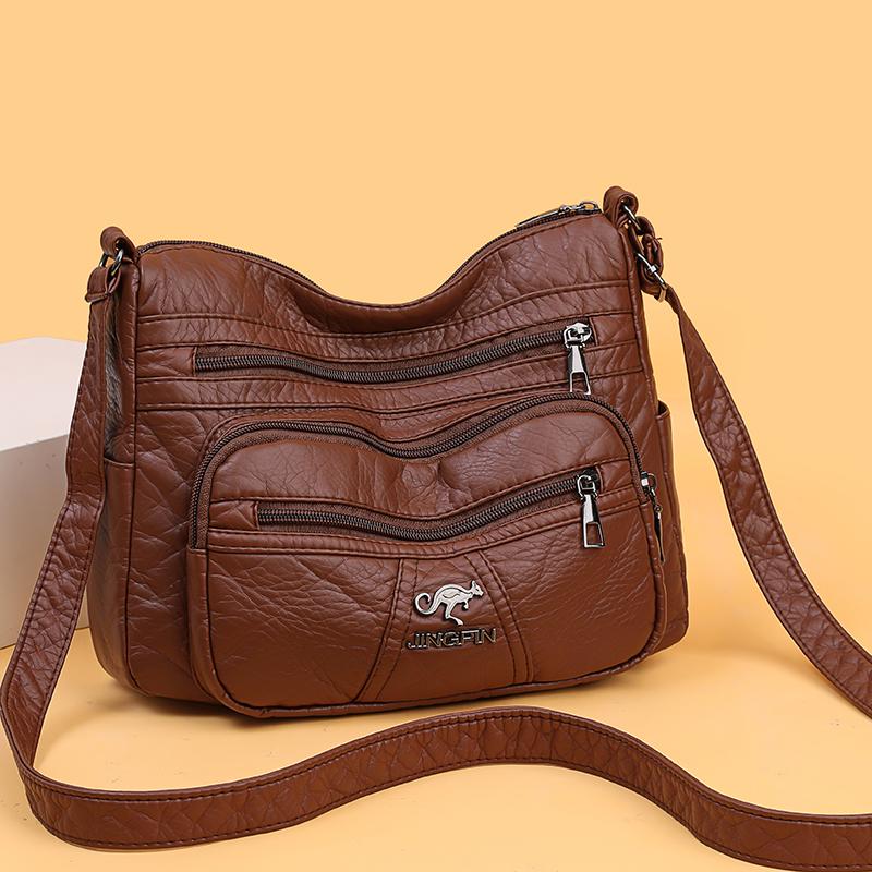 Women's Soft Leather Bag Middle-Aged Mother Crossbody Bag Large Capacity Multi-Pocket Commuter Shoulder Bag