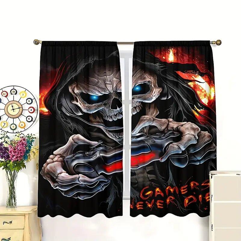 Set Of 2 Halloween Skull Pattern Printed Curtains Window Decorations Home Room Curtain Polyester