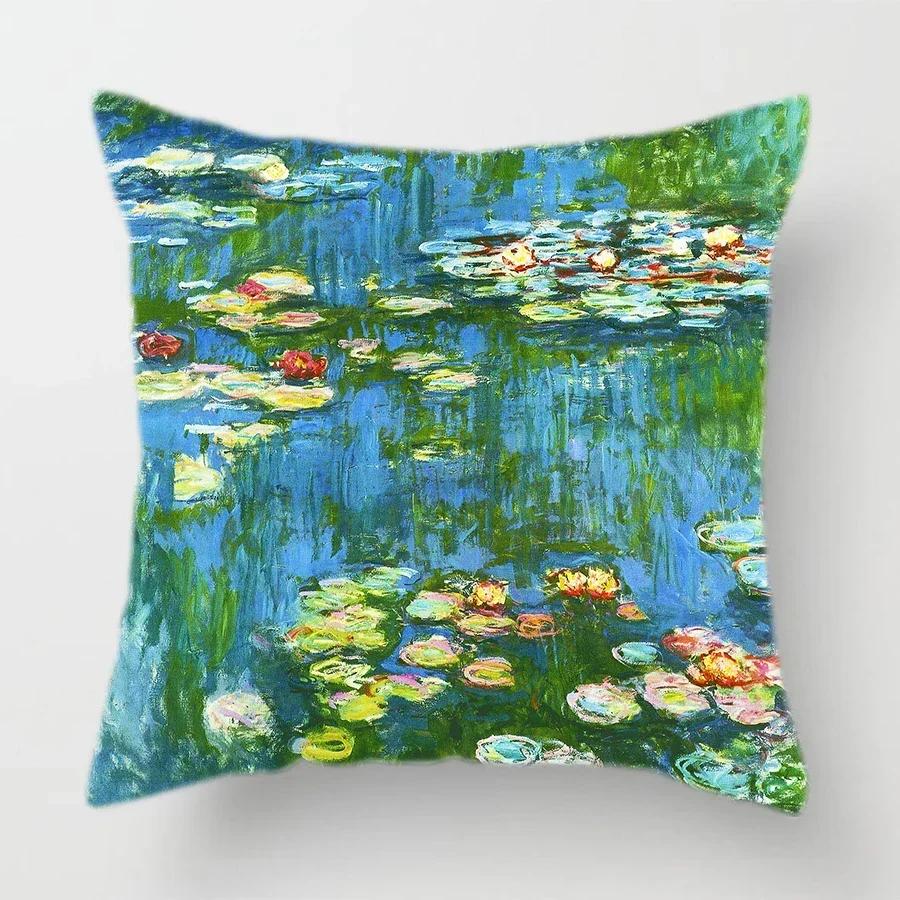 Claude Monet Polyester Printing Cushion Cover Sofa Landscape World Famous Oil Painting Throw Decorative Pillow Case Home Decor