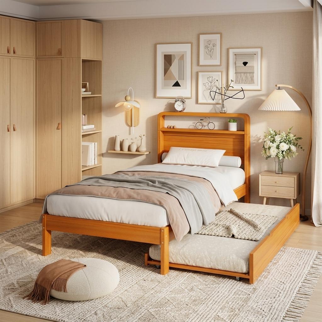 Letto in Legno 90x200 cm con Letto Estraibile 90x190 cm, Letto Funzionale con Letto Ospite Montabile a Sinistra/Destra, Testiera Arrotondata e Design Salvaspazio
