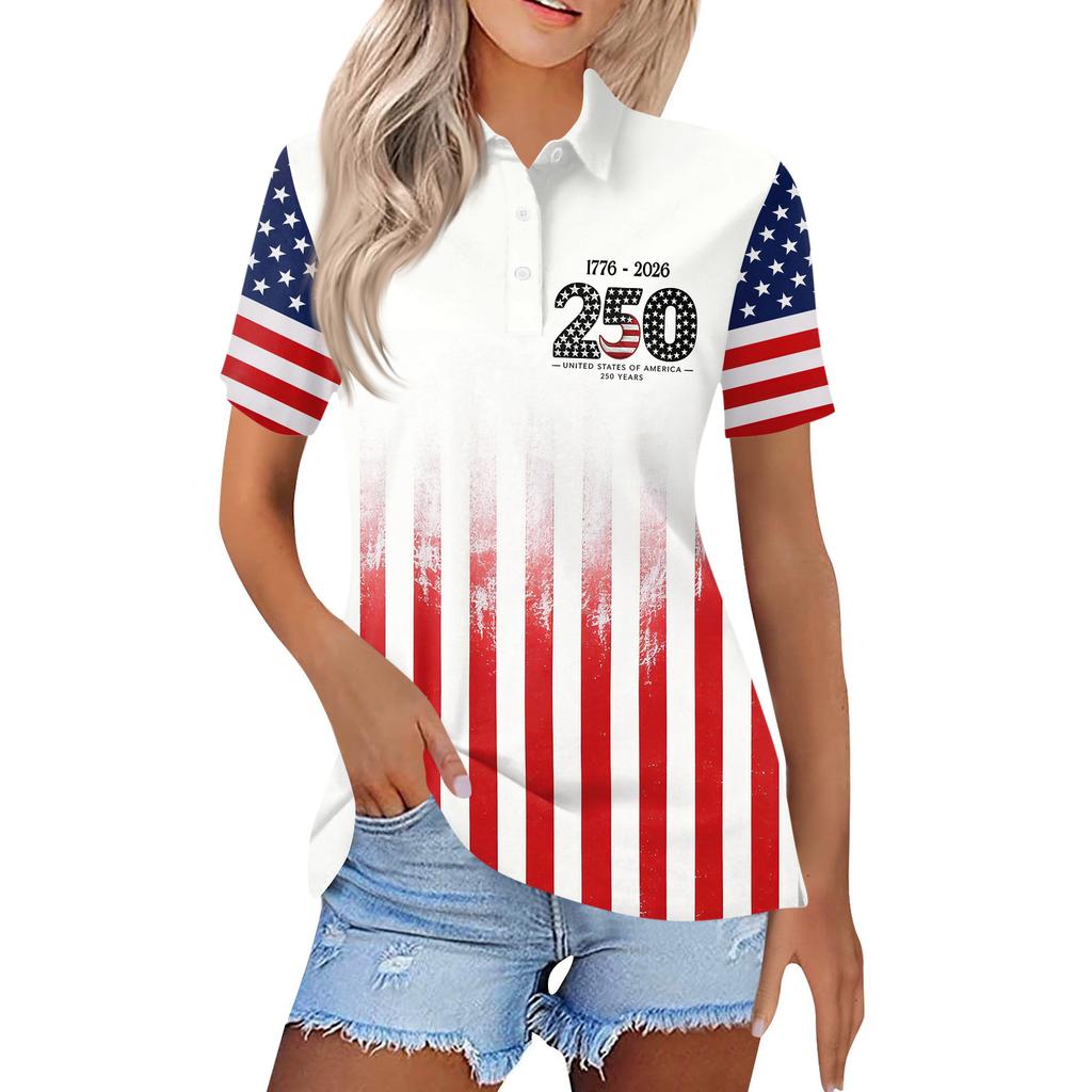 Women's Casual Button Down Short Sleeve Polo Shirt 250th Anniversary Print Collared Top USA Independence Day Style