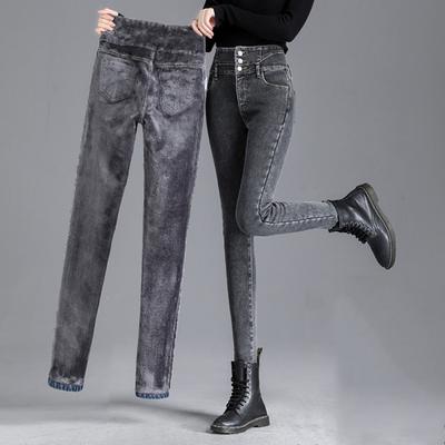 2024 Autumn Winter Plush Velvet Women Jeans Pants Fashion Loose High Waist Warm Jeans Women Casual Slim Fit Vintage Ladies Denim Trousers 30108