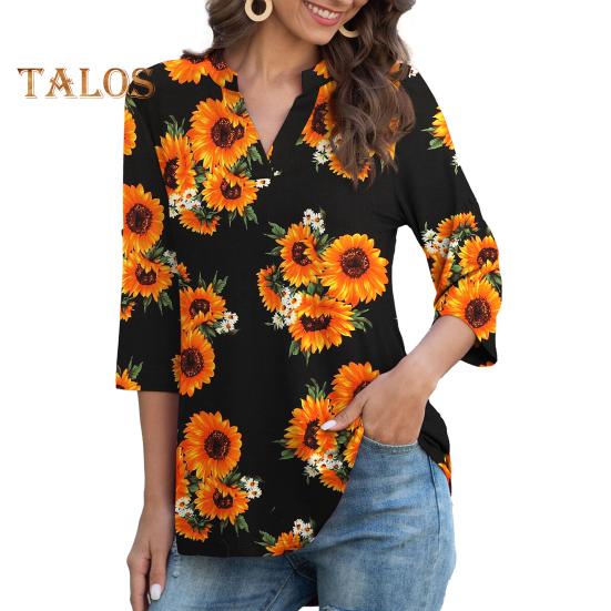 Women Shirt V-neck 3/4 Roll-Up Sleeves Lightweight Tops Flower Print Flowy Hem Tunic Tops Daily Wear