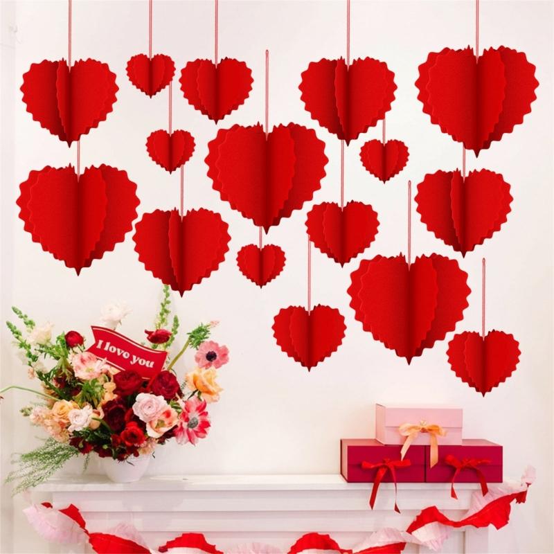 8Pcs Valentine's Day Heart Decoration Foldable Paper Heart Shape Ornament Easy Assembly for Wedding Party Decoration