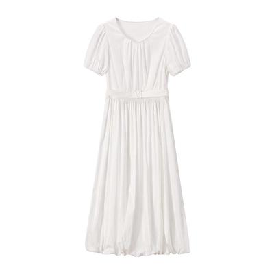 Xiangying Women's White Round Neck Puff Sleeve Tulip Midi Dress
