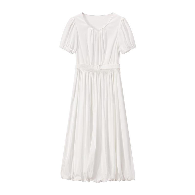 Xiangying Women s White Round Neck Puff Sleeve Tulip Midi Dress S