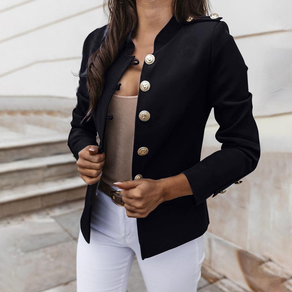 Chaqueta corta de traje pequeño de manga larga de color sólido informal para mujer
