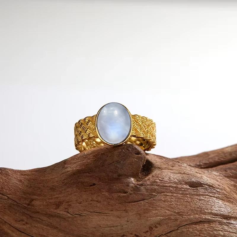 Vintage 925 Silver Ring Natural Moonstone Flower Ring 925 Hollow Eye Shape Round Sun And Moon Ring Fine Jewelry for Women Men
