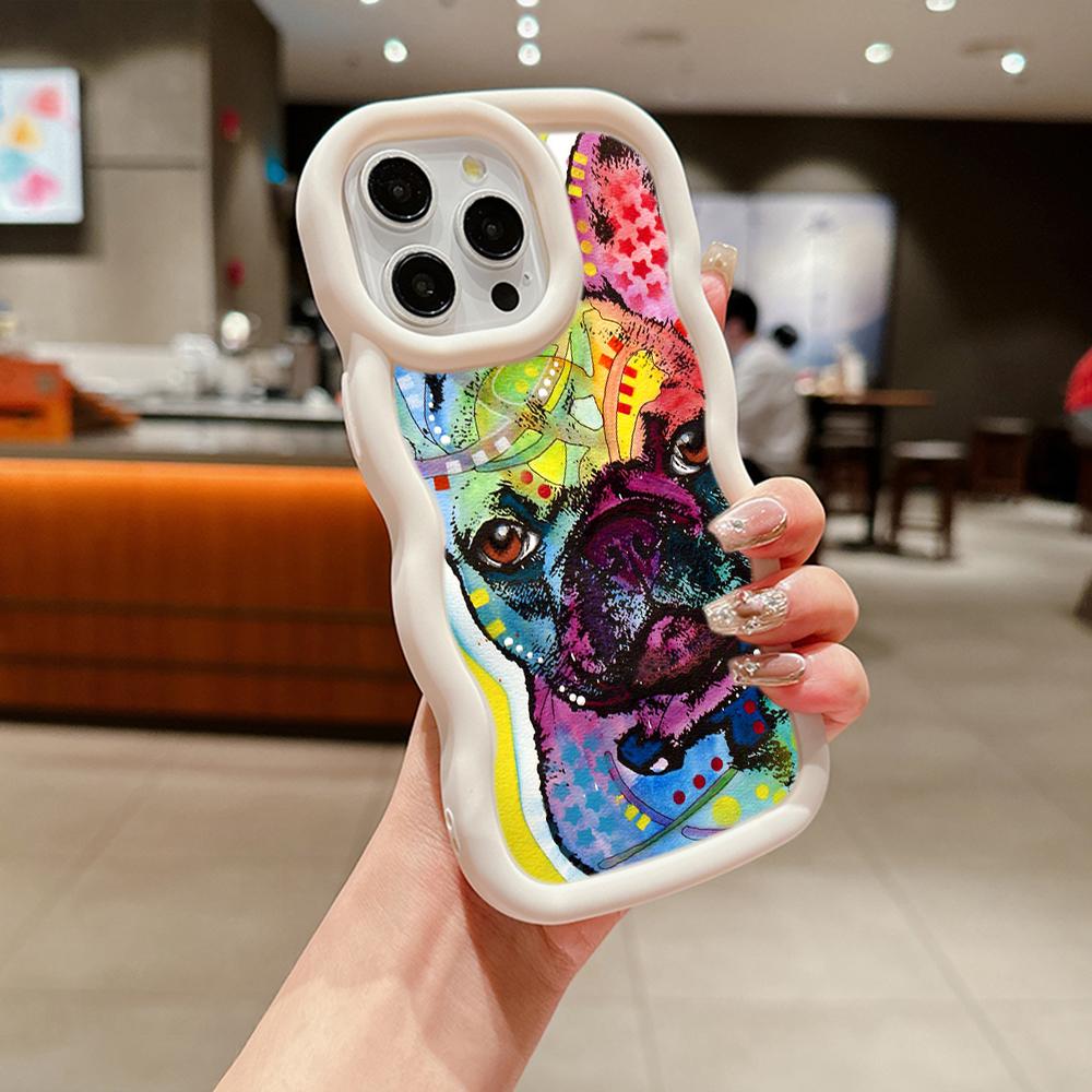 Macaron Big Wave Soft Phone Case for iPhone 11 12 13 14 15 Samsung A13 A14 A15 A24 A53 A54 A55 Xiaomi Redmi Note 13 12C Cover A44 French Bulldog Dog