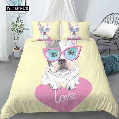 Copripiumino Matrimoniale Doppio Pug Cartone Animato Re Regina Adorabile Set Biancheria da Letto Cucciolo Copripiumino Animale Domestico Giallo Poliestere Copripiumino