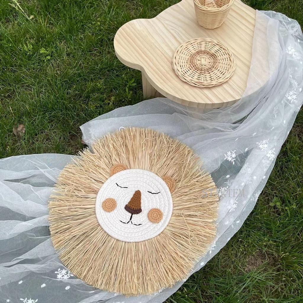 INS Nordic Handmade Lion Wall Decor Cotton Thread Straw Woven Animal Head Wall Hanging Ornament for Nursery Baby Room Decoration