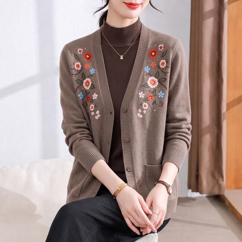 Hengyuanxiang Women's Autumn Floral V-Neck Knit Cardigan