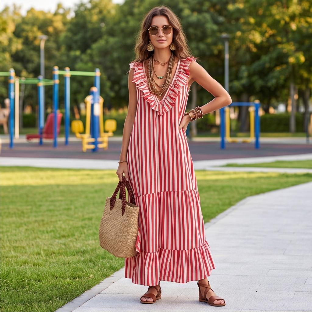 Women's Bohemian Striped Maxi Dress with Ruffle V-Neck Sleeveless Loose Fit for Vacation Travel
