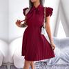Elegantes Damen-Sommerkleid in Unifarbe mit Hoher Taille, Plissee-Detail und Großem Schleifenkragen, Schnürung, Mode, Frühling