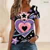 Women Plus Size Short Sleeve U Neck T Shirt Galactic Heart Planet Star Vibrant Purple Pink Cartoon Print Top