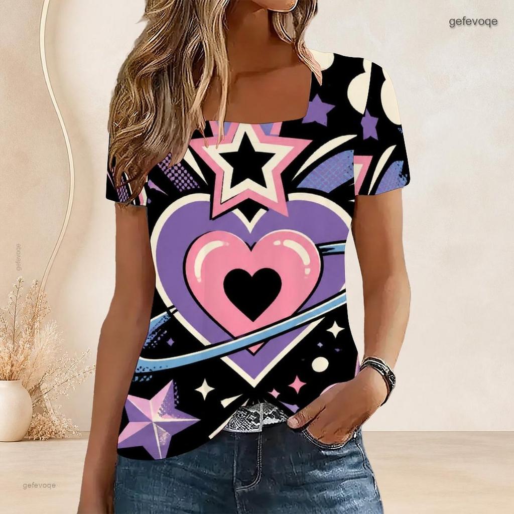 Women Plus Size Short Sleeve U Neck T Shirt Galactic Heart Planet Star Vibrant Purple Pink Cartoon Print Top