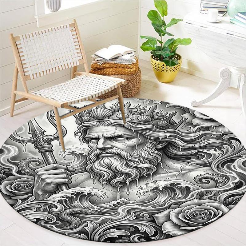 Sketch Truck Whale Poseidon Skeleton Round Area Rug,Carpet Rug for Living Room Bedroom Sofa Playroom Decor,Non-slip Floor Mat