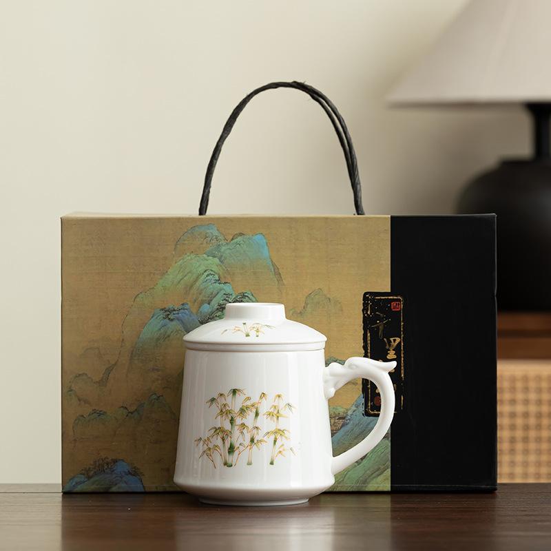 Chinese Gold Silk Dehua White Porcelain Mug Ceramic Large Capacity Office Cup with Lid Tea Separation Cup