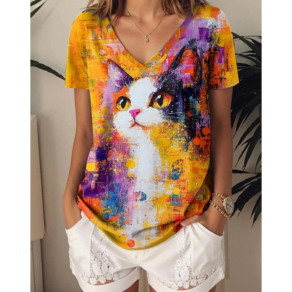 

Футболка с V-образным вырезом Женская Летняя Повседневная Одежда для Улицы с Коротким Рукавом 3D Принт Животного Кошачий Узор Большого Размера Женская Одежда XL