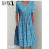 HNXC 30 Color Pleated Midi Dress Short Sleeve Round Neck Loose Hem Mid-Calf Length Women Floral A-Line Party Dress Casual Wear