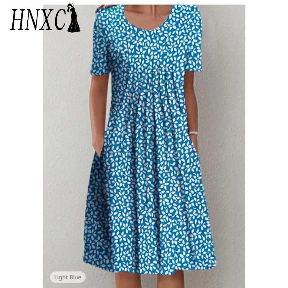 HNXC 30 Color Pleated Midi Dress Short Sleeve Round Neck Loose Hem Mid-Calf Length Women Floral A-Line Party Dress Casual Wear