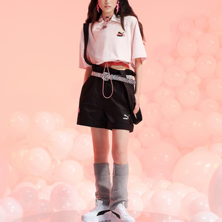 Puma Solid Color Brand Logo Button Elastic Cotton Suspender Shorts Women shorts Black 537516-01