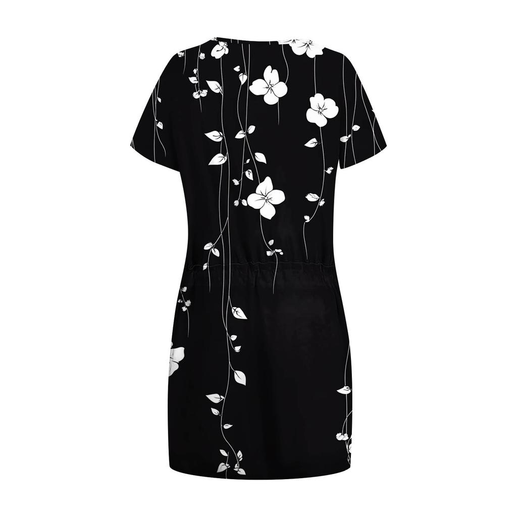 Women's Fashion Casual V-Neck Short Sleeve Drawstring Sequin Printed Dresses