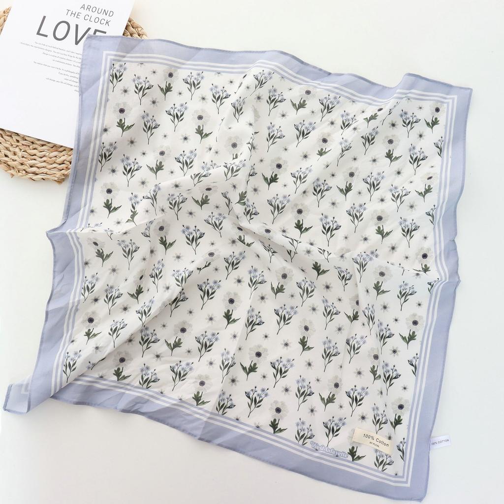 Korean Style All-Matching Floral Square Scarf Cotton Small Scarf Retro Women's Thin Fresh Decoration Silk Scarf Headband