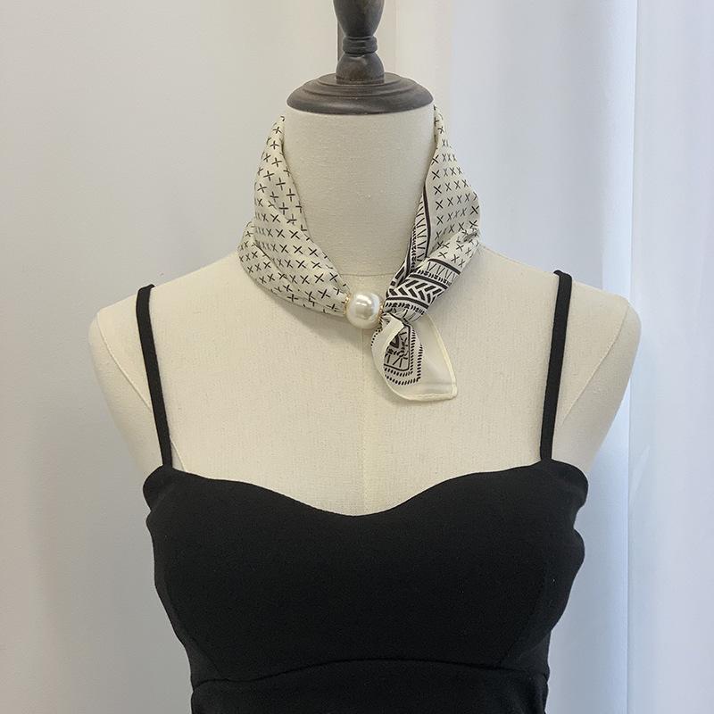 Silk scarf new pearl necklace spring and summer thin magnetic buckle lazy silk scarf women's pendant scarf collarbone chain