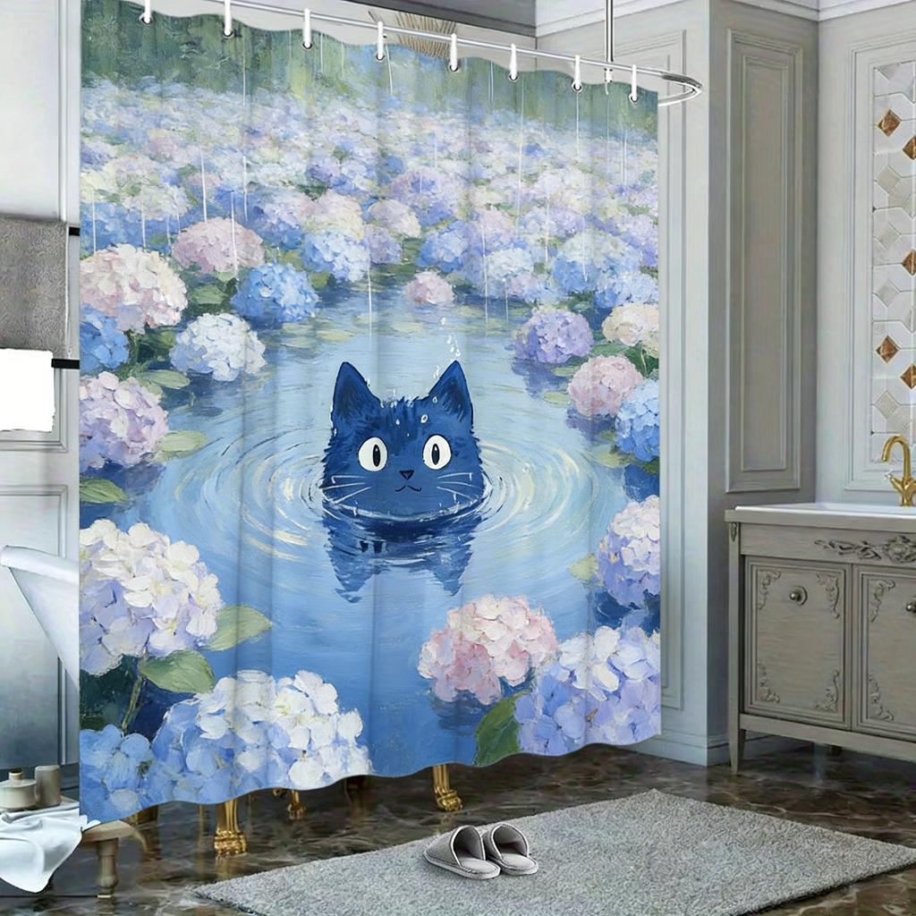 Oil Painting Black And White Cat In Pond With Water Lilies & Fireflies Waterproof Shower Curtain For Bathroom Decor