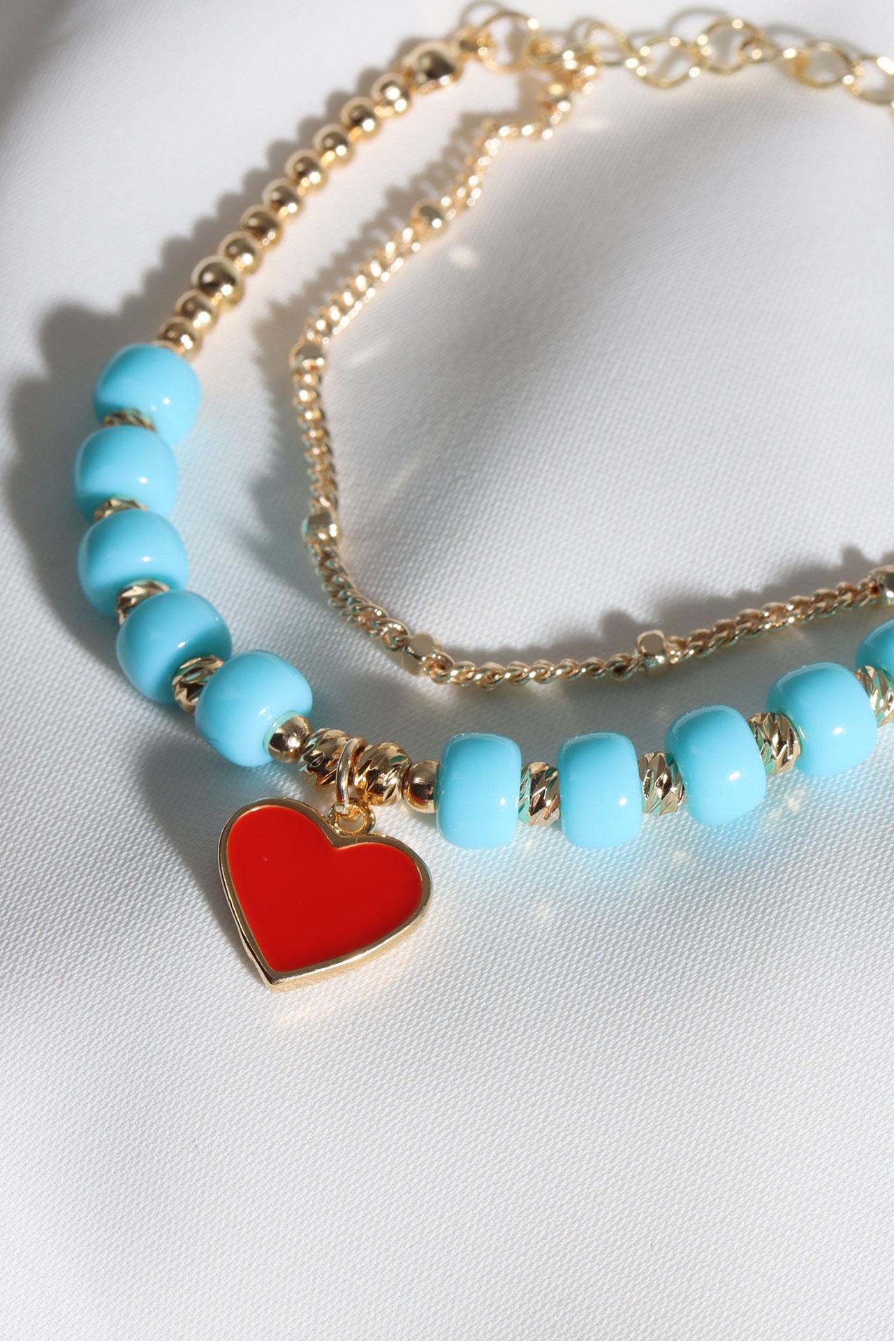 

Браслет с подвеской в ​​виде сердца с синей бисером и красной эмалью