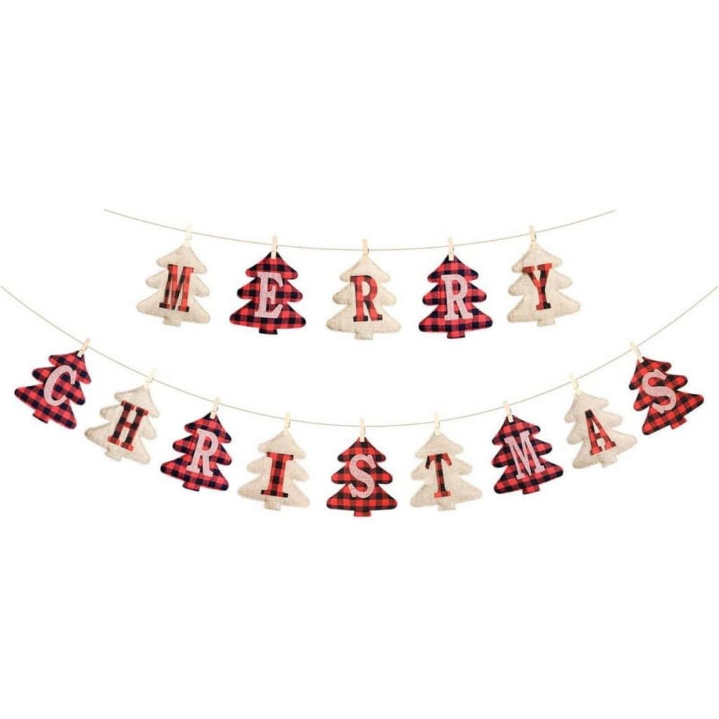 Christmas Banner Merry Christmas Buffalo Plaid Tree Christmas Decoration Scene Wall Hanger Festive Home Party Decor