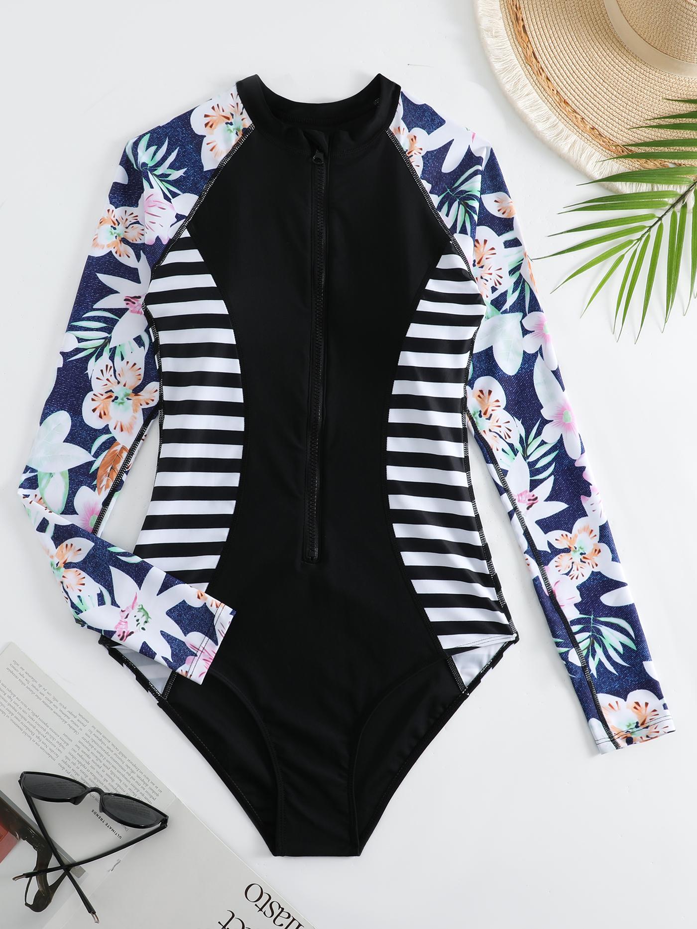 

Модный женский слитный купальник-бикини с длинным рукавом и принтом M чёрный