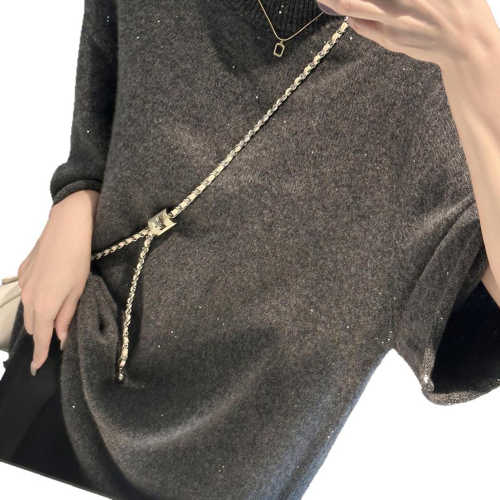 Mid-Length Sequin Wool Knitwear: 5-Sleeve Round Neck, Loose Fit