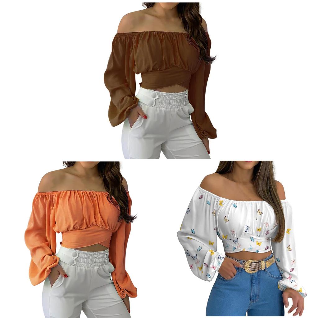 Spring Summer Womens Off Shoulder Cross Tie Long Sleeve Blouse For Casual Office Wear