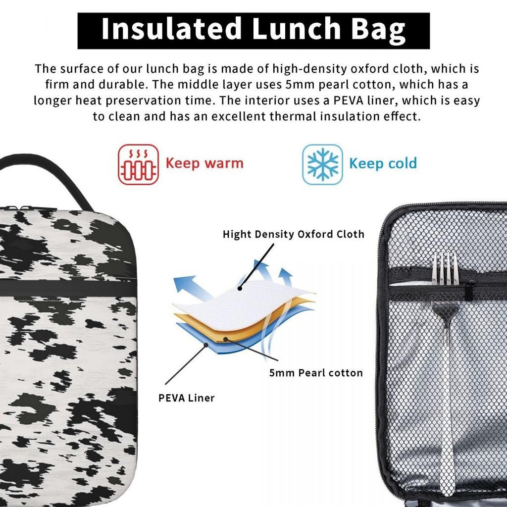 Sac à lunch isotherme en cuir de vache noir et blanc pour femmes et enfants, boîtes alimentaires portables, boîte à lunch thermique, sac fourre-tout