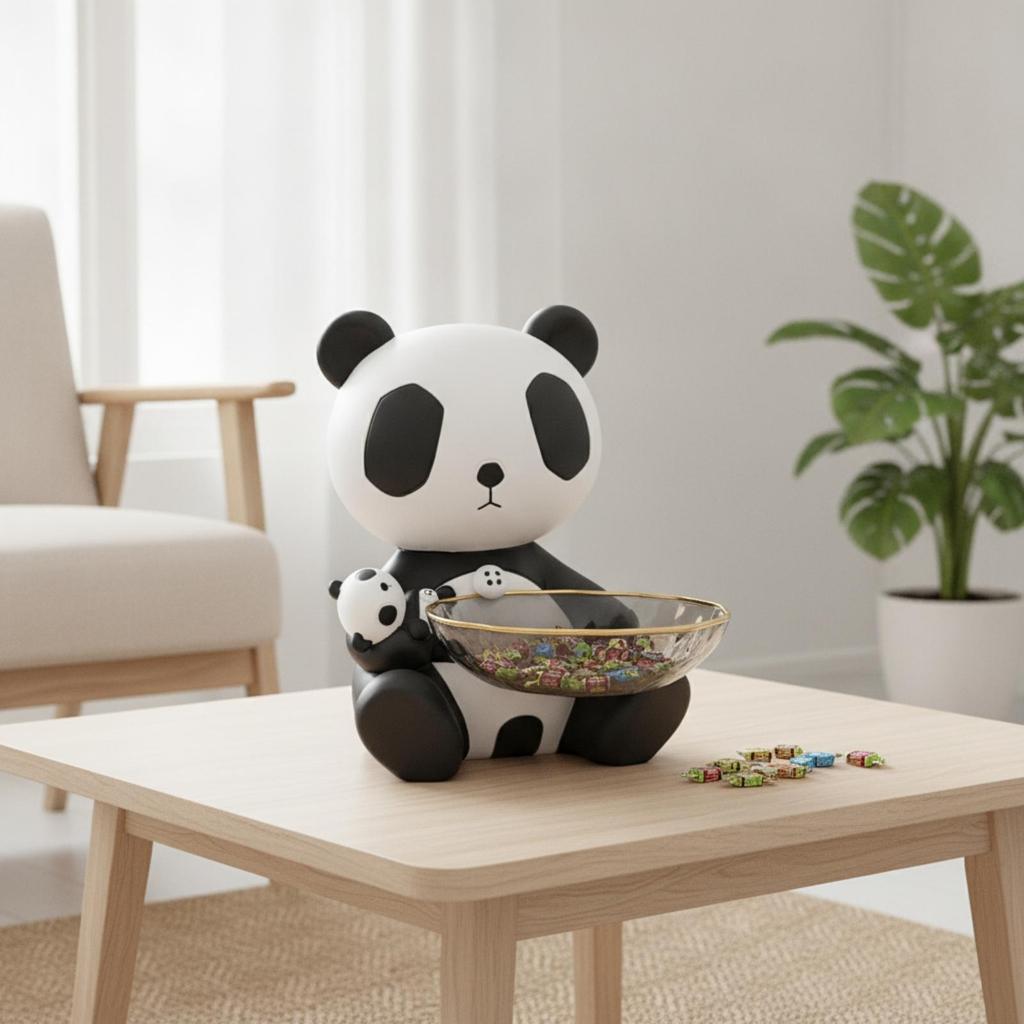 Panda Figurine with Storage Bowl Decorative Statue Cute Catchall Dish for Living