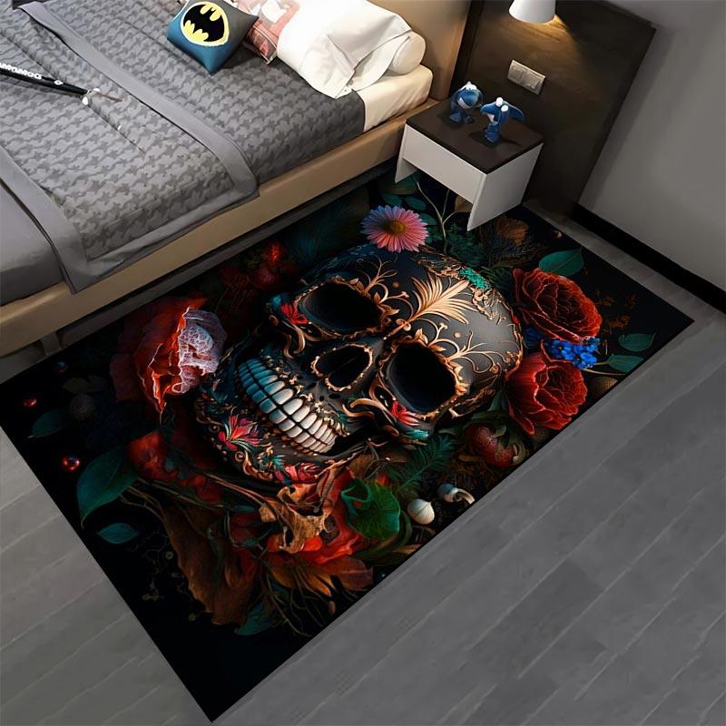 Colorful Skull and Floral Pattern Carpet, Dark Gothic Decorative Rug Suitable for use as an anti-slip for living room bedroom sofas