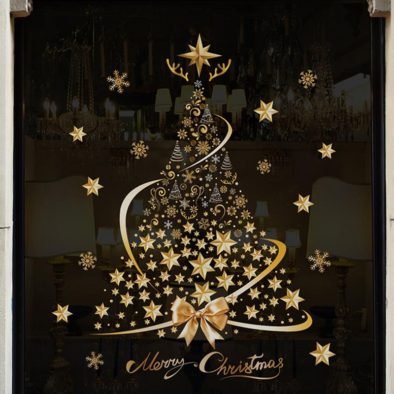 New Christmas Decoration Window Stickers Gold Xmas Tree Merry Christmas Mirror Sticker Xmas Tree Window Glass Sticker New Year