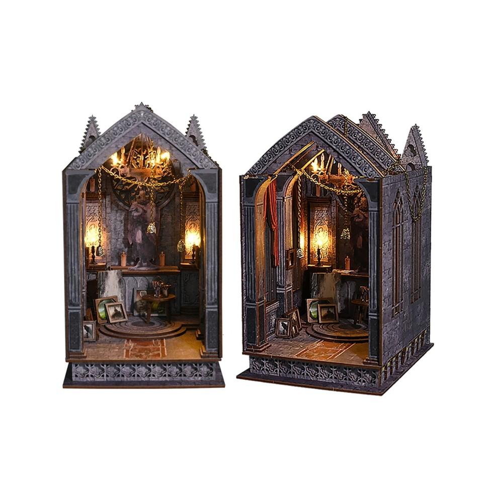 DIY Book Nook Kit 3D Wooden Puzzle Bookshelf Decor Miniature House with LED Light