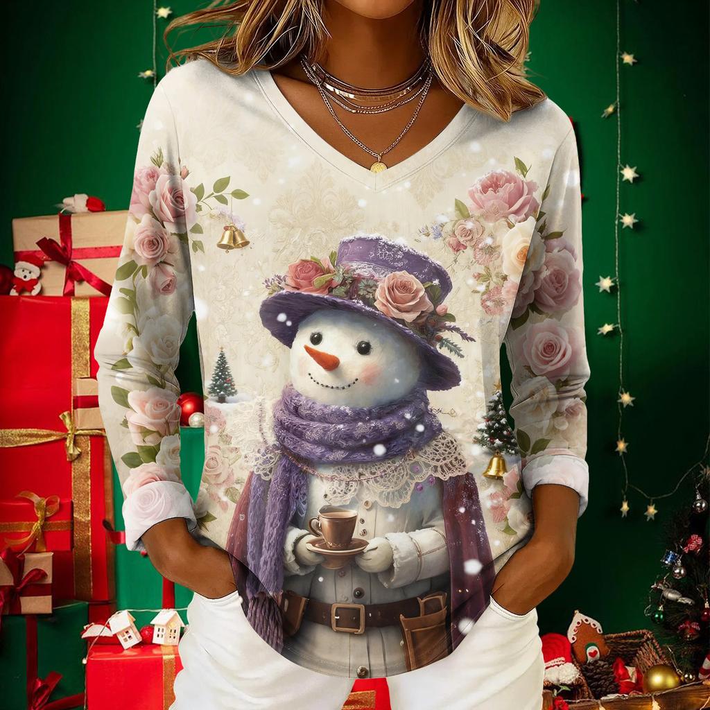 Women's Christmas Print Casual V-Neck Long Sleeve Top