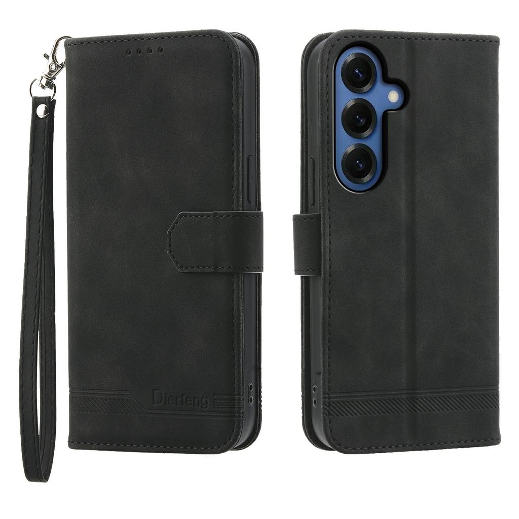 DIERFENG DF-03 For Samsung Galaxy S26+ Case Lines Imprint Wallet Leather Phone Cover with Wrist Strap