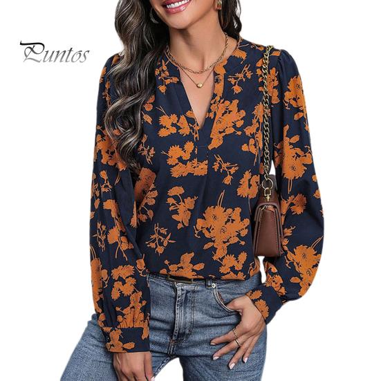

Женская рубашка с воротником-стойкой и V-образным вырезом, с длинным рукавом и принтом, свободный крой, тонкая повседневная рубашка, повседневная одежда S темно-синий